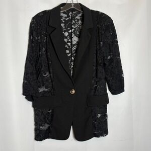 Y2K 2010s Black Lace Mixed Media Blazer Jacket 3/4 Sleeve Womens XL Vamp Goth